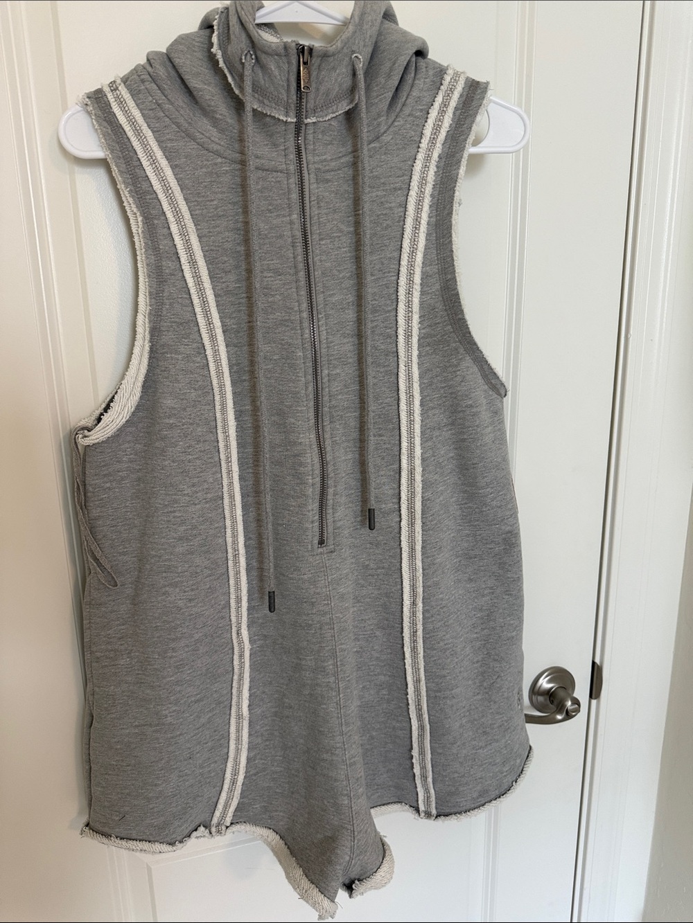 Free People Grey Sleeveless Hooded Zip-Up Romper with White Trim
